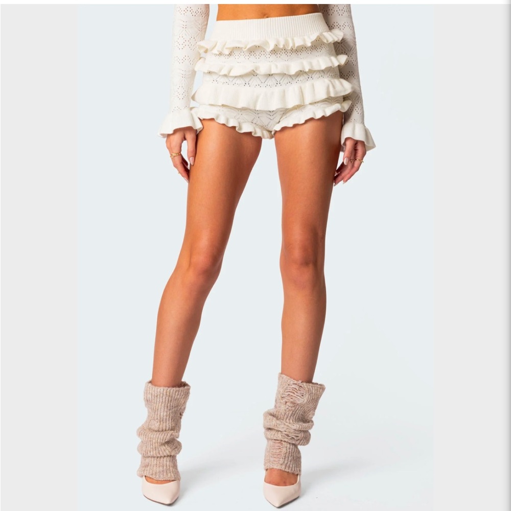 Edikted White ruffle mini shorts
